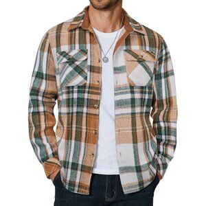 Coofandy Men Green Flannel Plaid Button Down Jacket Shirt with Pockets